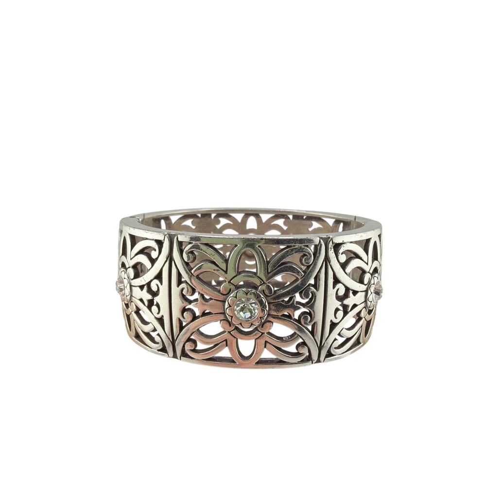 Vintage Brighton Silver-Plated Filigree Openwork Crystal Hinged Cuff Bracelet - Picture 1 of 4